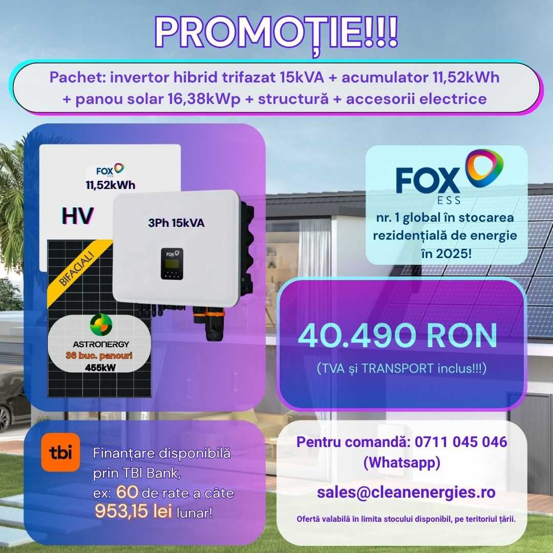 Pachet solar F11 (Panou Astronergy 455 Wp / Invertor hibrid Fox TPh 15 kW / Acumulator Fox EP12 11,52 kWh, HV / Sistem de fixare Profiness / Materiale electrice) Pachet solar F11 (Panou Astronergy 455 Wp / Invertor hibrid Fox TPh 15 kW / Acumulator Fox EP12 11,52 kWh, HV / Sistem de fixare Profiness / Materiale electrice) - imagine 1