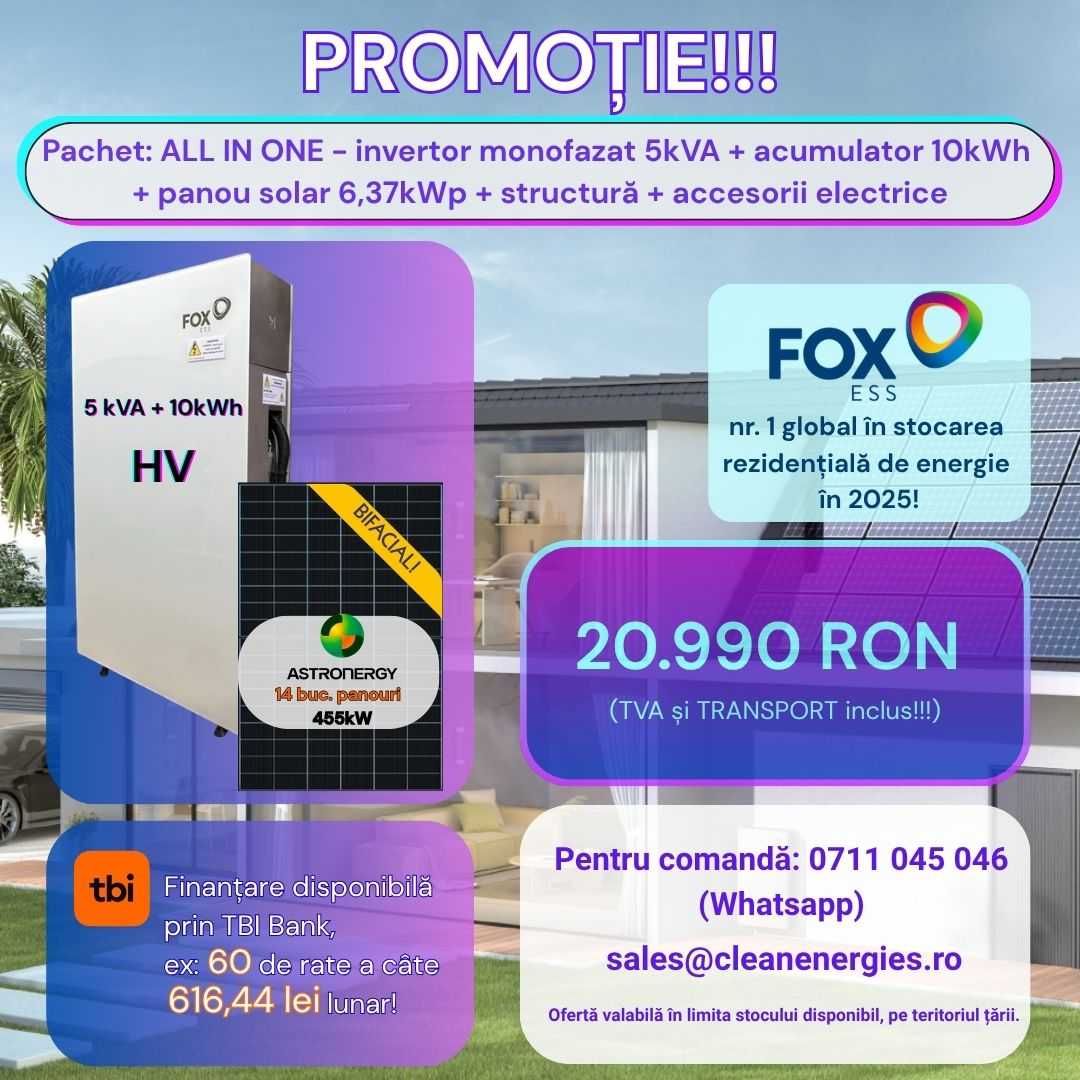 Pachet solar F3 (Panou Astronergy 455 Wp / Invertor hibrid Fox SPh 5 kW / Acumulator Fox 10 kWh, HV / Sistem de fixare Profiness / Materiale electrice) Pachet solar F3 (Panou Astronergy 455 Wp / Invertor hibrid Fox SPh 5 kW / Acumulator Fox 10 kWh, HV / Sistem de fixare Profiness / Materiale electrice) - imagine 1