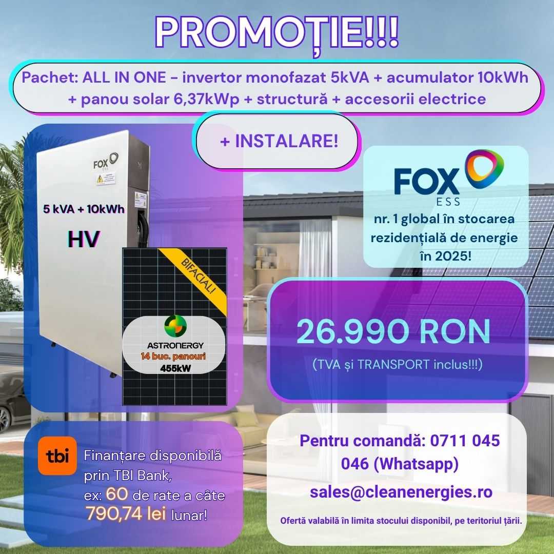Pachet solar F4 cu instalare (Panou Astronergy 455 Wp / Invertor hibrid Fox SPh 5 kW / Acumulator Fox 10 kWh, HV / Sistem de fixare Profiness / Materiale electrice) Pachet solar F4 cu instalare (Panou Astronergy 455 Wp / Invertor hibrid Fox SPh 5 kW / Acumulator Fox 10 kWh, HV / Sistem de fixare Profiness / Materiale electrice) - imagine 1
